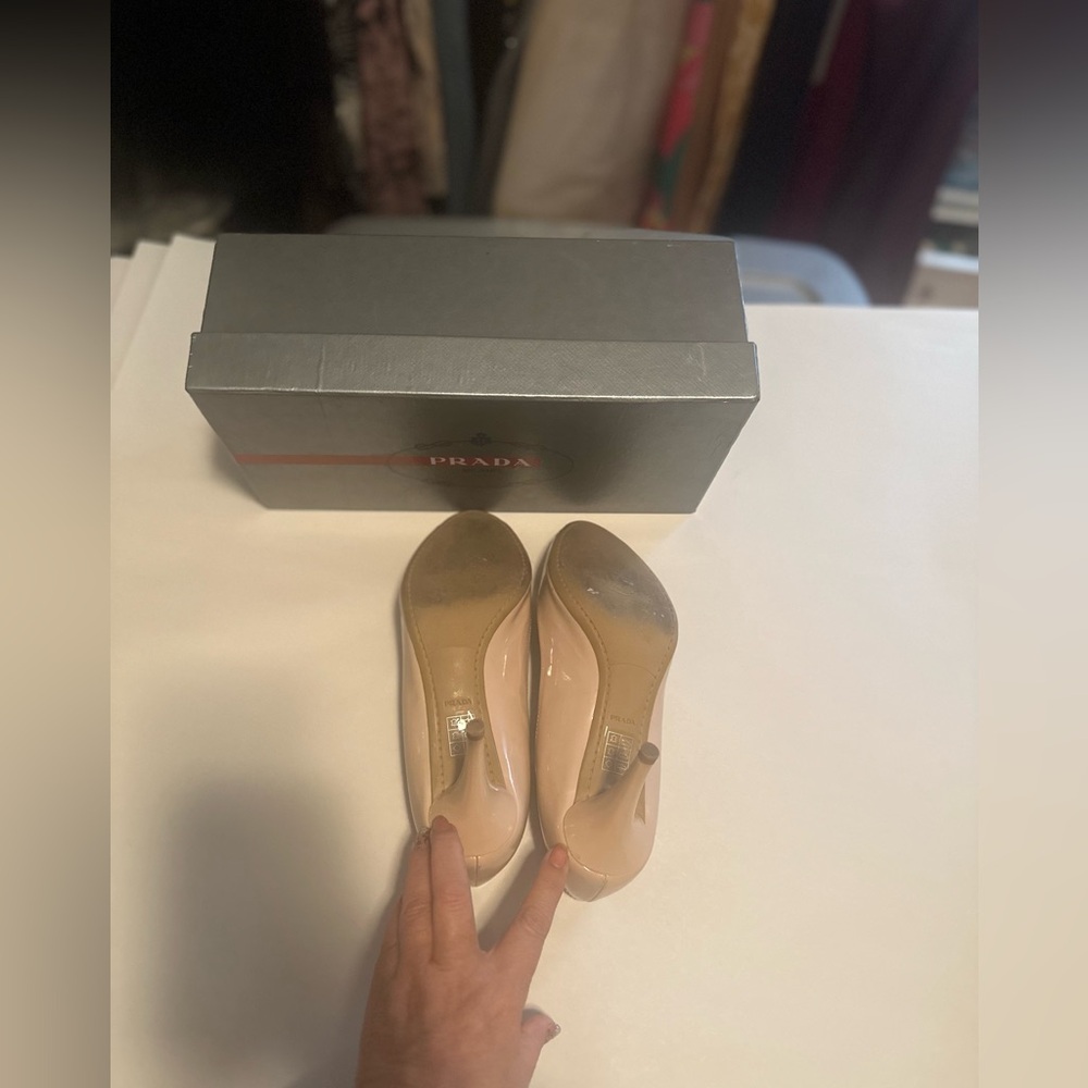 Prada Nude Patent Leather Peep-Toe Pumps - Picture 5 of 11